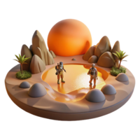 extraordinary creative A group of explorers discovering a hidden oasis on a barren desert planet, illuminated by the warm glow of a twin sunset. Golden hour lighting, realistic style original png