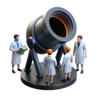 stunning minimalist A group of scientists observing a black hole through a massive telescope, bathed in the dim light of the control room. Ambient lighting, realistic style 4K png