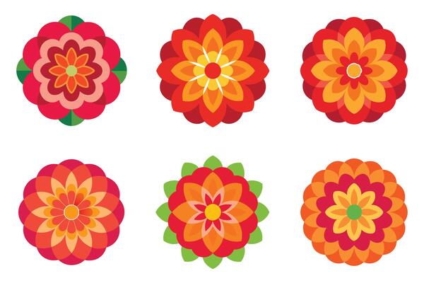 Six vibrant floral designs in warm red and orange tones.