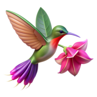 serene rustic A hummingbird hovering near a vibrant fuchsia flower, wings blurred in motion, soft focus with vibrant colors original png