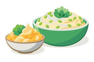 Two bowls of creamy mashed potatoes, one with a garnish. vector