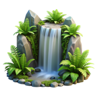 stunning minimalist A cascading waterfall surrounded by lush green ferns, dappled sunlight, realistic style authentic png