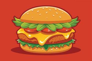 Delicious Cartoon Cheeseburger on a Red Background vector