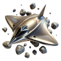 beautiful modern A sleek, chrome spaceship, shaped like a manta ray, glides through a field of asteroids. Dramatic, chiaroscuro lighting. Art Deco style high resolution png