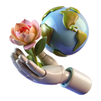 extraordinary rustic A robotic hand delicately holding a wilting Earth flower. Soft, diffused lighting. Photorealistic style high resolution png