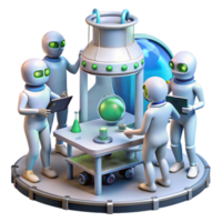 elegant traditional A group of humans and aliens working together on a complex scientific project in a space station laboratory. Bright, sterile lighting. Technical illustration style high quality png