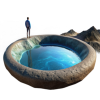 elegant vintage A solitary figure standing on the edge of a crater overlooking a vast, alien ocean. Majestic, panoramic lighting. Landscape photography style authentic png