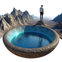 beautiful rustic A solitary figure standing on the edge of a crater overlooking a vast, alien ocean. Majestic, panoramic lighting. Landscape photography style authentic png