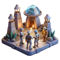 serene contemporary A group of explorers discovering a hidden temple on an alien planet. Mysterious, atmospheric lighting. Archaeological illustration style premium png