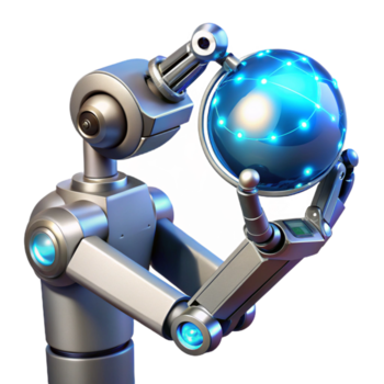 vibrante criativo uma cromada robótico braço graciosamente segurando uma brilhando esfera do dados, intrincado fios e circuitos visível, aceso de suave azul néon luz, cyberpunk estilo original png