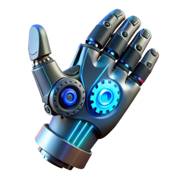 vibrante vintage uma biomecânico protético mão com exposto engrenagens e fios, aceso de uma legal azul luz, cyberpunk estilo 4k png