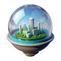 beautiful creative A floating, transparent sphere containing a miniature city powered by renewable energy, soft ambient lighting, eco-futurism style exclusive png