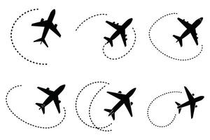 Six black silhouette airplane icons with flight paths vector