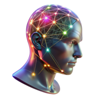 vibrante tradicional uma transparente humano cabeça com uma visível rede do neural conexões, iluminado de pulsante multicolorido luzes, conectomica estilo profissional png