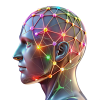 elegant abstract A transparent human head with a visible network of neural connections, illuminated by pulsating multicolored lights, connectomics style authentic png