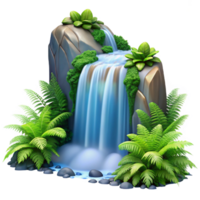 beautiful contemporary A cascading waterfall, surrounded by lush green ferns, long exposure creating a silky smooth water effect, romantic style professional png