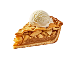A slice of homemade apple pie with vanilla ice cream on transparent background. png