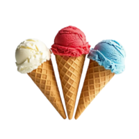 Set of ice cream in waffle cone isolated on transparent background. png