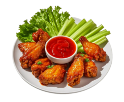 Buffalo wings served with fresh crunchy celery on a plate and sauce, on the transparent background. png