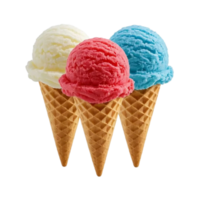 ice cream waffle cones in a row colorful different flavor on transparent background png