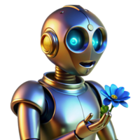 vibrant creative A humanoid robot, with polished brass skin and glowing blue eyes, cradles a wilting flower, illuminated by a single spotlight. Art deco style high resolution png