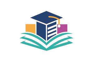 Education logo featuring graduation cap and open book, symbolizing knowledge. vector