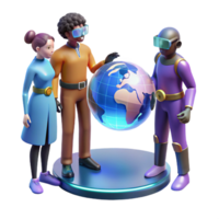 stunning abstract A group of diverse people interacting with a holographic world map, futuristic attire, warm, inviting lighting, utopian style high quality png