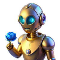 extraordinary rustic A humanoid robot, with polished brass skin and glowing blue eyes, cradles a wilting flower, illuminated by a single spotlight. Art deco style 4K png