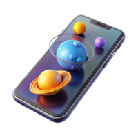 beautiful rustic A transparent smartphone displaying a 3D model of the solar system, dynamic lighting, minimalist style authentic png