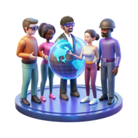 serene creative A group of diverse people interacting with a holographic world map, futuristic attire, warm, inviting lighting, utopian style original png
