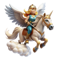 impressive contemporary A proud Valkyrie, riding a winged horse through the clouds, carrying a fallen warrior to Valhalla. Heroic, dynamic lighting. Norse mythology style exclusive png