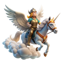 extraordinary contemporary A proud Valkyrie, riding a winged horse through the clouds, carrying a fallen warrior to Valhalla. Heroic, dynamic lighting. Norse mythology style high quality png