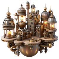 wonderful minimalist A complex steampunk cityscape built on interconnected gears and cogs, extending into the sky. The city is lit by a myriad of flickering gas lamps exclusive png