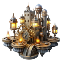 beautiful abstract A complex steampunk cityscape built on interconnected gears and cogs, extending into the sky. The city is lit by a myriad of flickering gas lamps original png