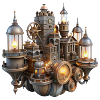 dramatic classic A complex steampunk cityscape built on interconnected gears and cogs, extending into the sky. The city is lit by a myriad of flickering gas lamps exclusive png