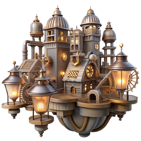 impressive traditional A complex steampunk cityscape built on interconnected gears and cogs, extending into the sky. The city is lit by a myriad of flickering gas lamps detailed png