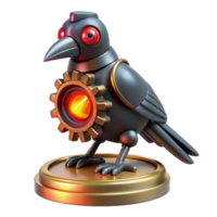 vibrant abstract A steampunk automaton in the shape of a raven, perched on a gear. Its eyes glow with a sinister red light exclusive png
