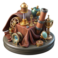 impressive vintage A still life of a collection of steampunk gadgets and tools, arranged on a velvet cloth. The lighting is soft and emphasizes the textures professional png