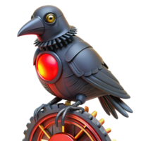 wonderful contemporary A steampunk automaton in the shape of a raven, perched on a gear. Its eyes glow with a sinister red light authentic png