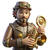 dramatic classic A portrait of a steampunk musician playing a brass instrument with intricate gears and valves. The lighting is moody and atmospheric high quality png