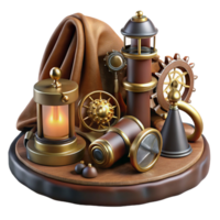 extraordinary artistic A still life of a collection of steampunk gadgets and tools, arranged on a velvet cloth. The lighting is soft and emphasizes the textures 4K png