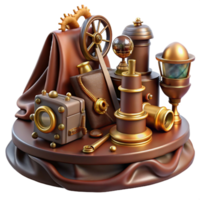 serene minimalist A still life of a collection of steampunk gadgets and tools, arranged on a velvet cloth. The lighting is soft and emphasizes the textures original png