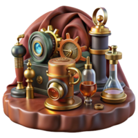 wonderful contemporary A still life of a collection of steampunk gadgets and tools, arranged on a velvet cloth. The lighting is soft and emphasizes the textures premium png