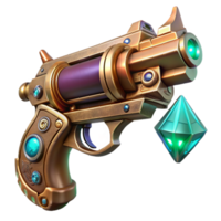 beautiful minimalist A steampunk pistol with ornate carvings and glowing energy crystals embedded in the handle. The lighting is dramatic and highlights the power premium png