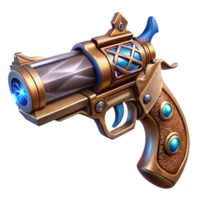 dramatic minimalist A steampunk pistol with ornate carvings and glowing energy crystals embedded in the handle. The lighting is dramatic and highlights the power high quality png