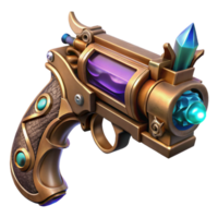 magnificent creative A steampunk pistol with ornate carvings and glowing energy crystals embedded in the handle. The lighting is dramatic and highlights the power 4K png