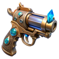 wonderful creative A steampunk pistol with ornate carvings and glowing energy crystals embedded in the handle. The lighting is dramatic and highlights the power detailed png