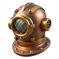 vibrant rustic A steampunk diver helmet with a large, circular glass window and brass breathing apparatus. The lighting is dim and mysterious authentic png