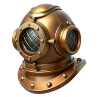 beautiful abstract A steampunk diver helmet with a large, circular glass window and brass breathing apparatus. The lighting is dim and mysterious high quality png