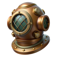 impressive rustic A steampunk diver helmet with a large, circular glass window and brass breathing apparatus. The lighting is dim and mysterious 4K png